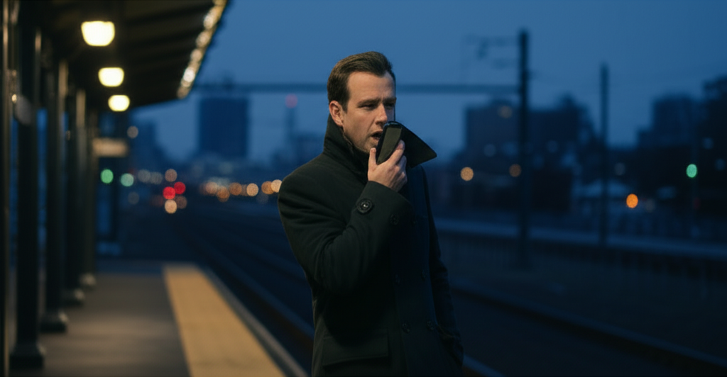 A lone commuter on a cold urban rail platform at dawn, dictating an idea into an AI app