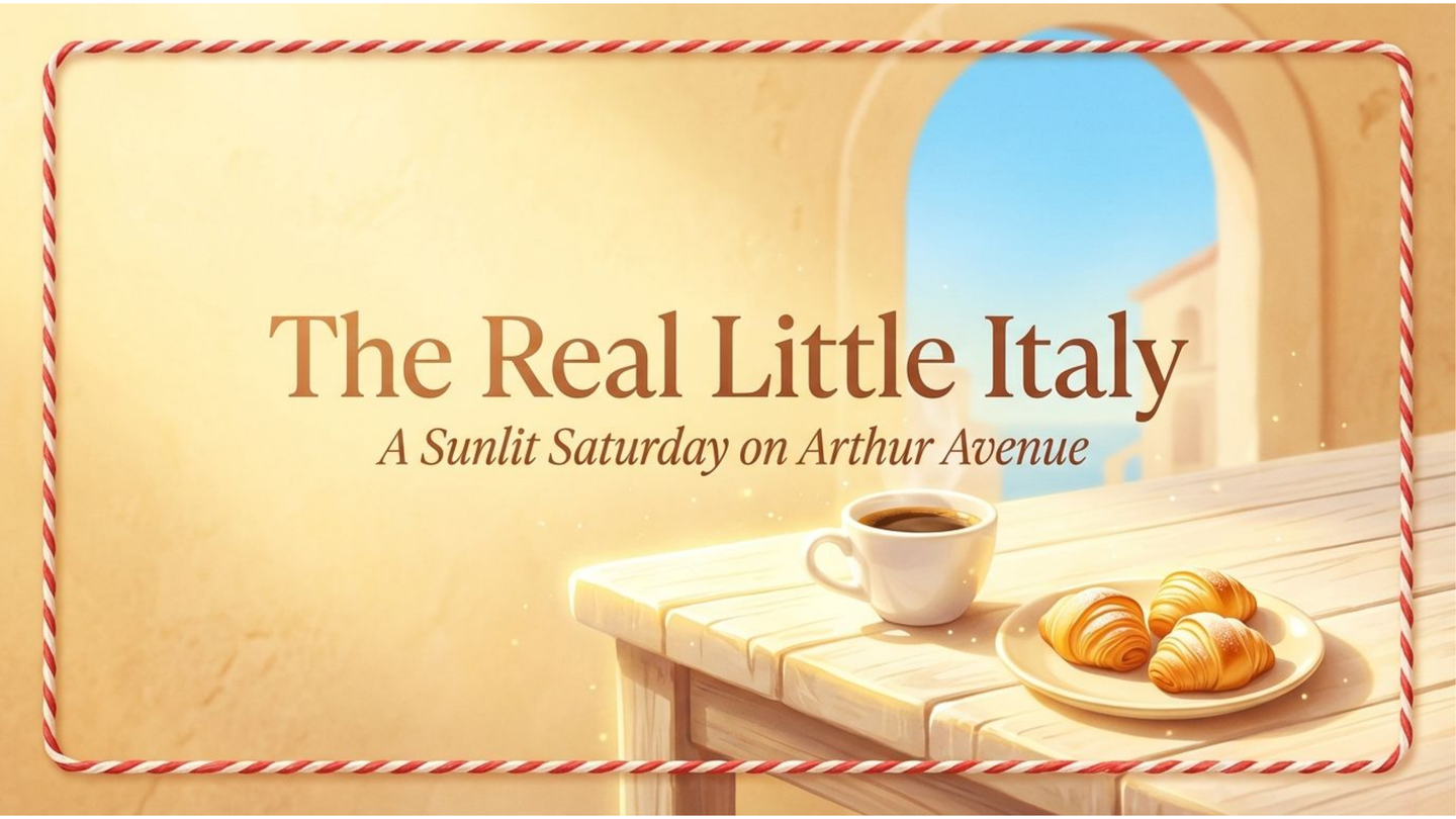 A warm illustrated scene of Arthur Avenue — espresso, sfogliatelle, and the sunlit street of the Belmont neighborhood, Bronx