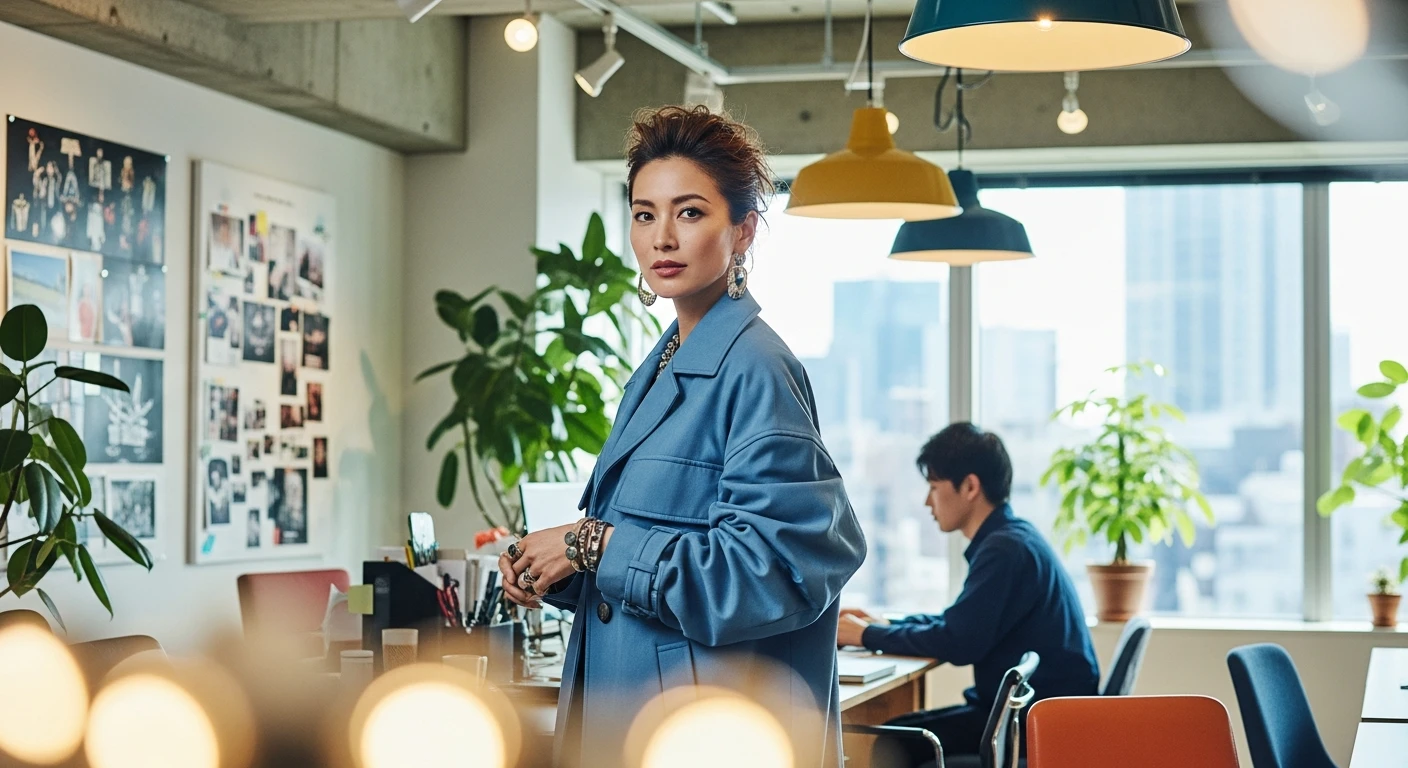 A confident technology leader strides through a bright modern office, a younger colleague in the background