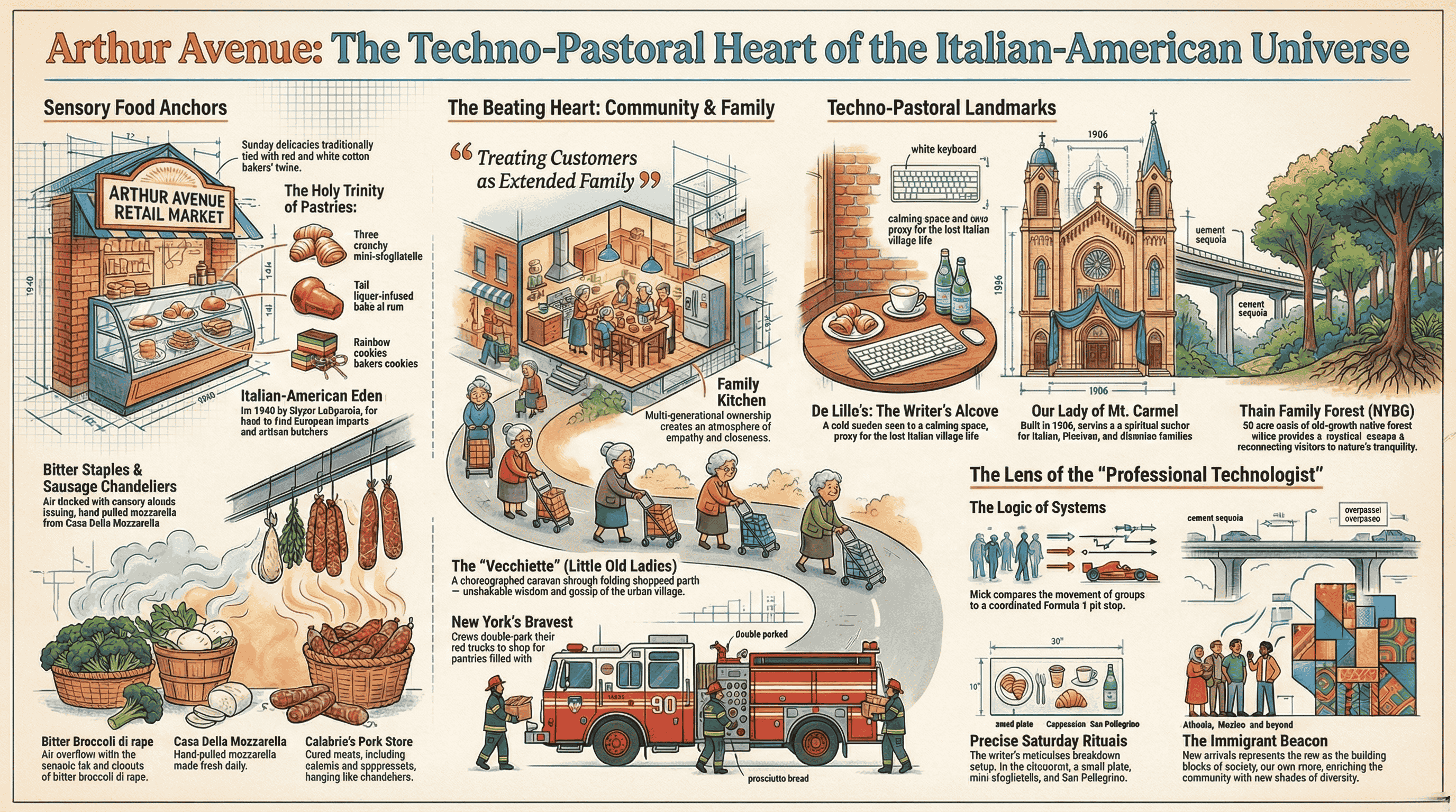 A polychromatic infographic tableau of Arthur Avenue — the cultural ecosystem of the Belmont neighborhood, Bronx