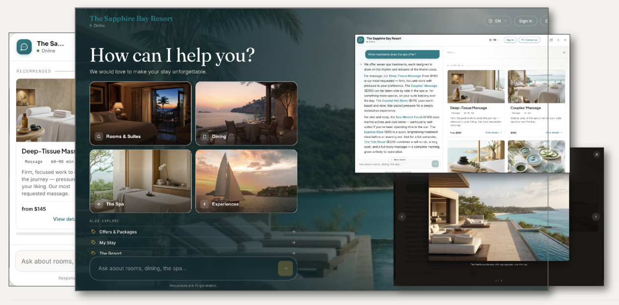 Talven Tech CX Studio conversational assistant answering a guest's question with a rich, photo-driven reply, shown beside the website it lives on