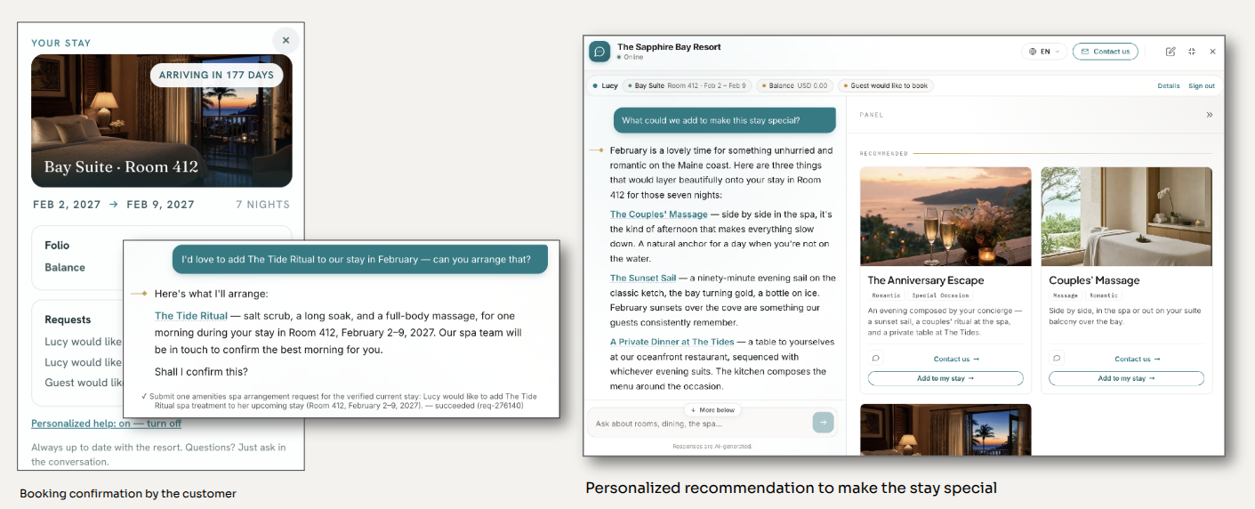 A CX Studio conversation shown alongside a personalized panel of recommendations, with a booking confirmation composed from the visitor's actual stay details