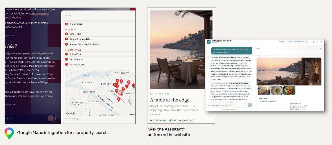 Two integration examples: a Google Maps panel pinned with nearby points of interest inside a property search conversation, and an 'Ask the Assistant' link launched directly from a restaurant article