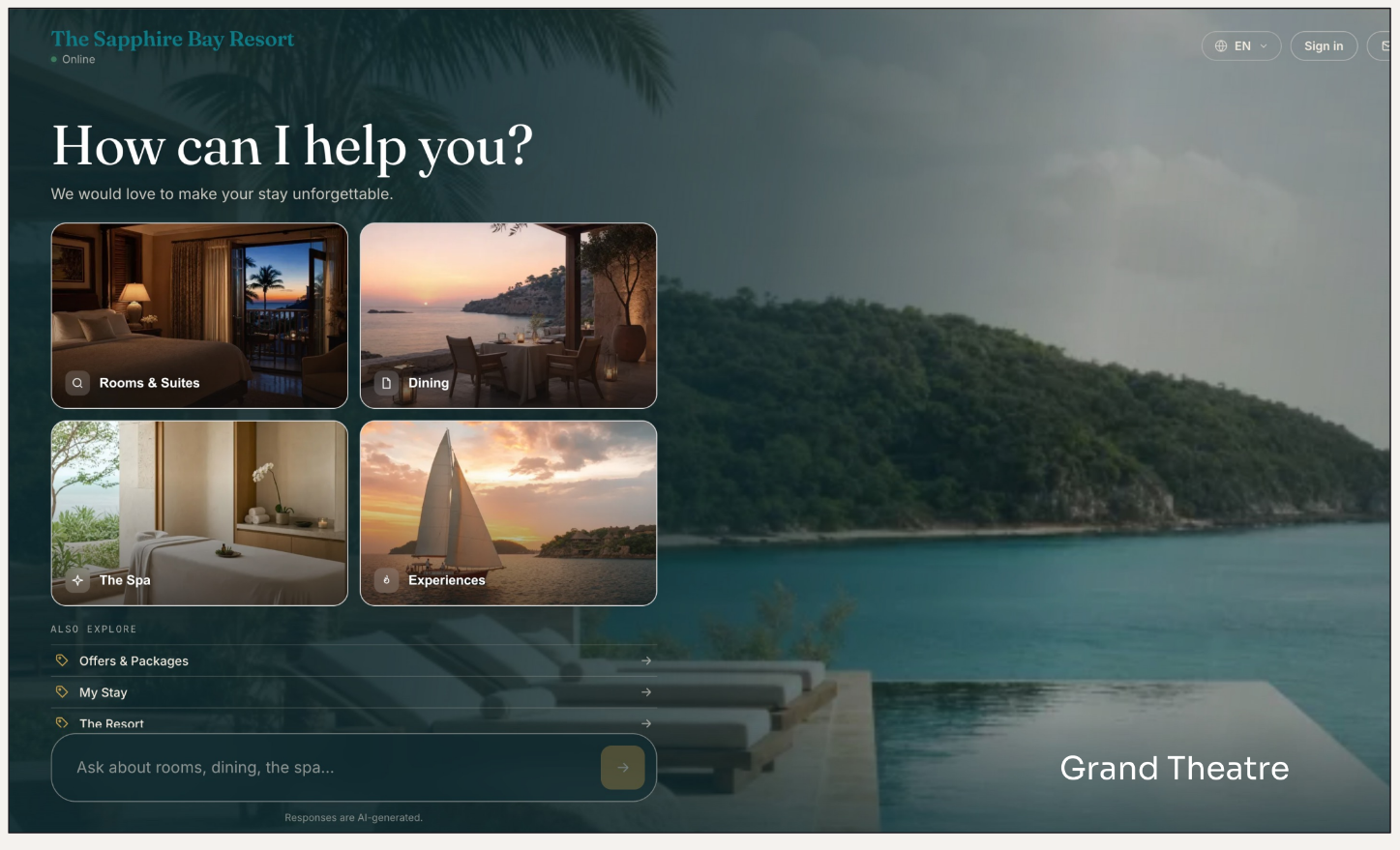 Talven Tech CX Studio's full conversational interface: a resort assistant presenting rooms, dining, spa, and experiences as rich visual cards alongside an open-ended chat prompt