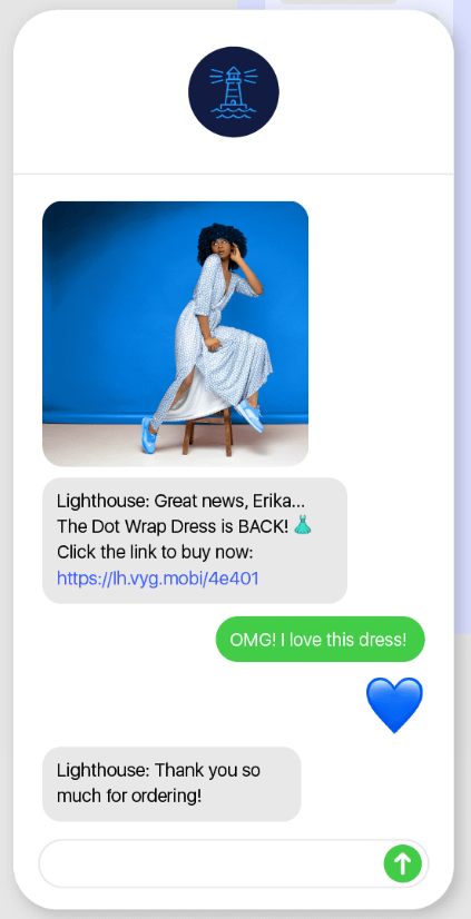 An early SMS-based conversational commerce exchange: one photo, one line of text, one reply at a time