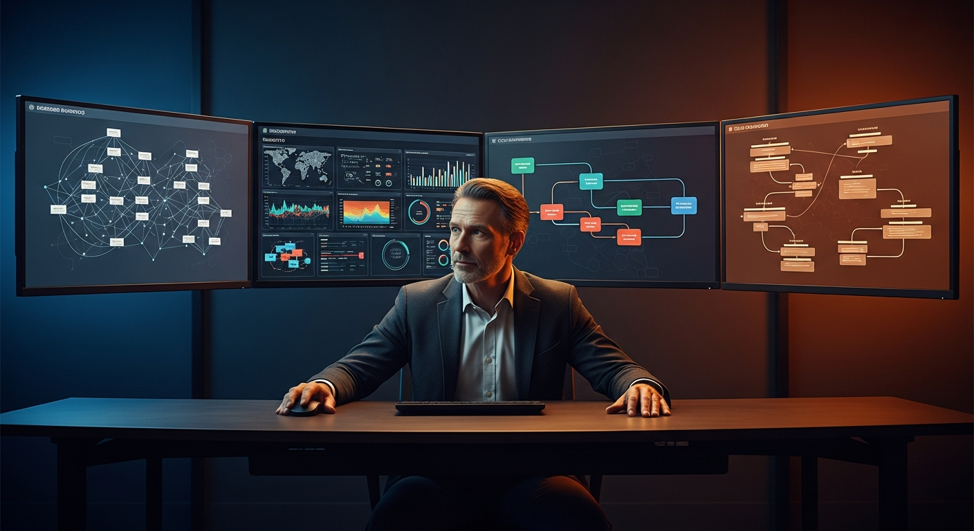 A senior technology practitioner commanding a multi-monitor workstation showing architecture diagrams, security dashboards, and deployment pipelines
