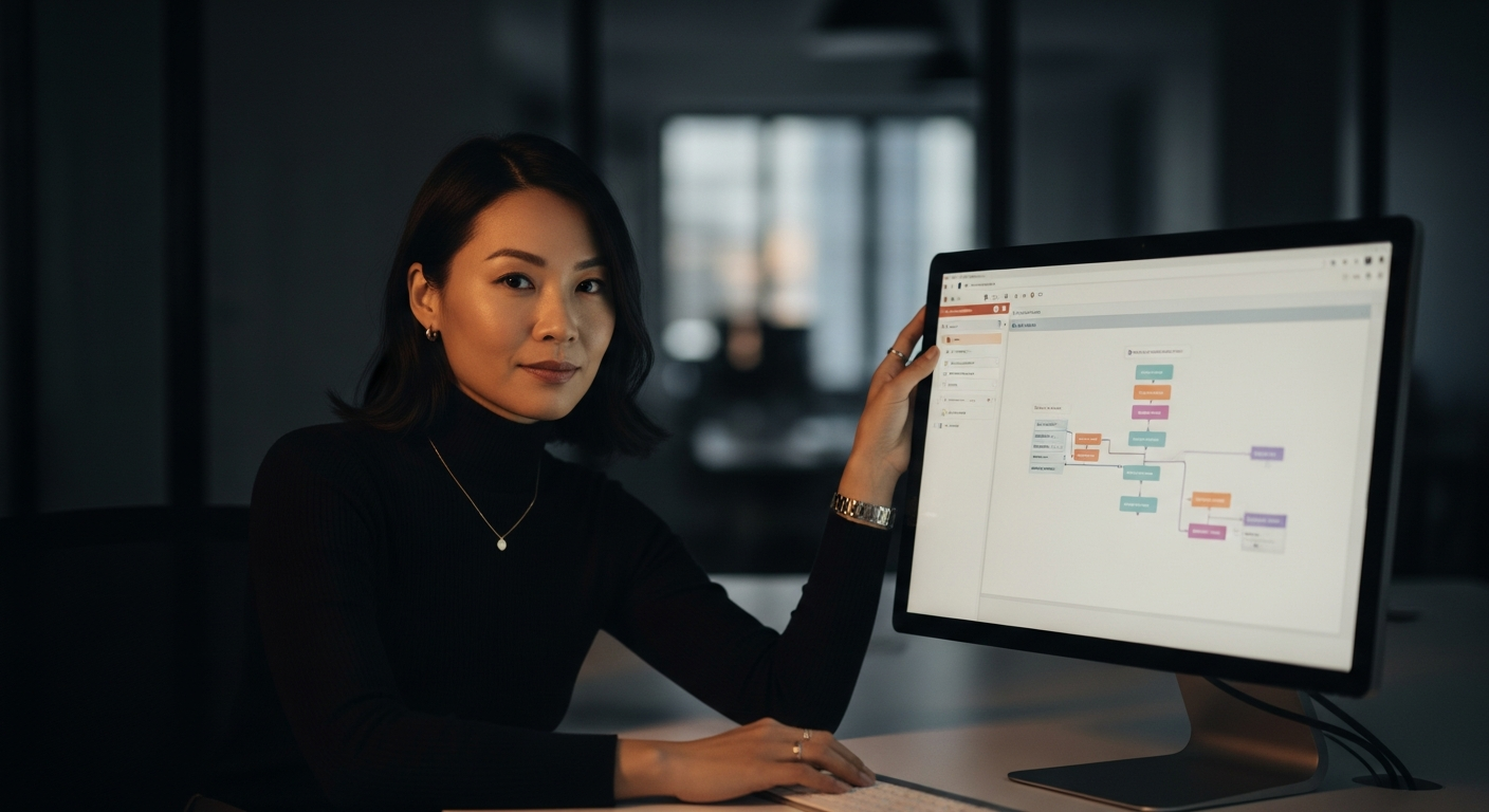 A confident business professional interacts with an intuitive visual AI interface, a finished application visible on a secondary screen — the near-future citizen developer