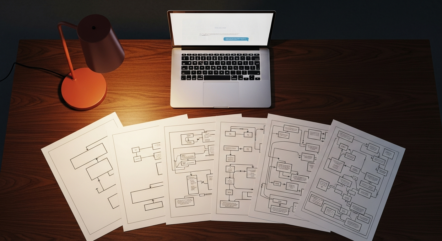 A laptop with a single chat prompt sits atop a fan of progressively complex engineering documents — the simple surface, and everything beneath it